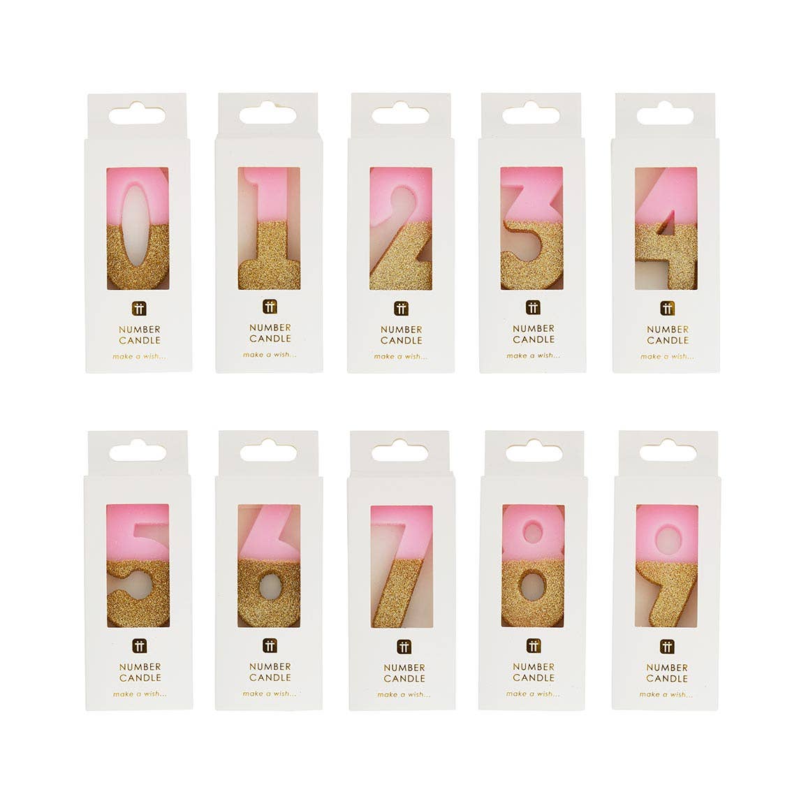 Ten boxed pink and gold glitter number candles in a row, 0 to 9