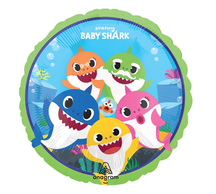 17" Baby Shark themed foil balloon, fully inflated with helium, ribbon, and a weight for fast pickup in Sandy Springs near Atlanta.