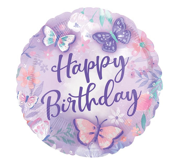 17" Butterfly Birthday Balloon themed foil balloon, fully inflated with helium, ribbon, and a weight for fast pickup in Sandy Springs near Atlanta.