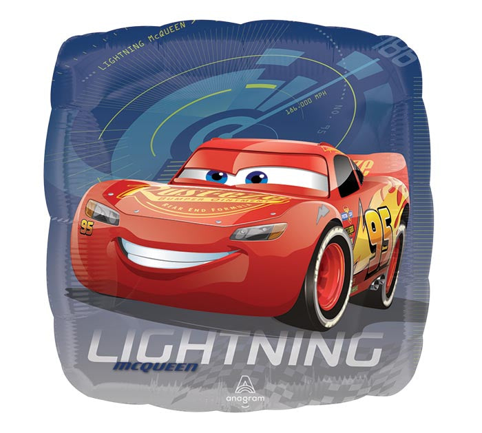 17" Cars Lightning McQueen themed foil balloon, fully inflated with helium, ribbon, and a weight for fast pickup in Sandy Springs near Atlanta.