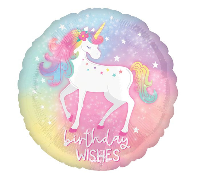 17" Unicorn themed foil balloon, fully inflated with helium, ribbon, and a weight for fast pickup in Sandy Springs near Atlanta.