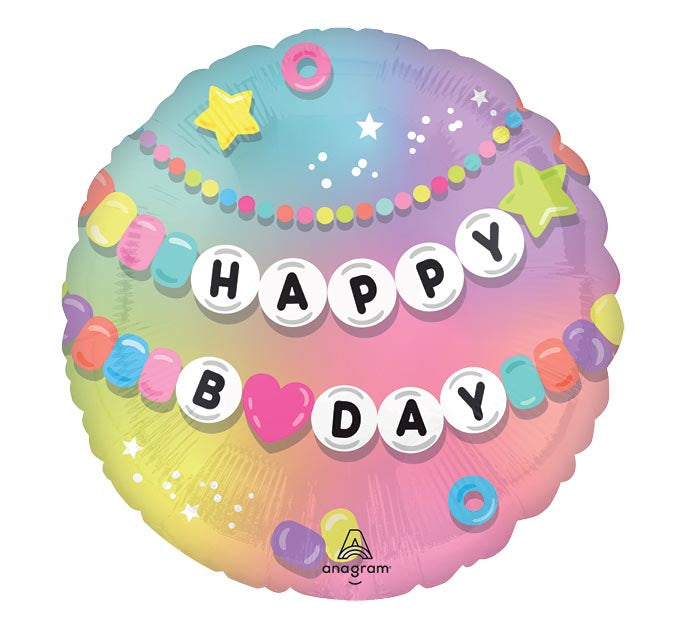 17" Friendship Bracelet Birthday themed foil balloon, fully inflated with helium, ribbon, and a weight for fast pickup in Sandy Springs near Atlanta.