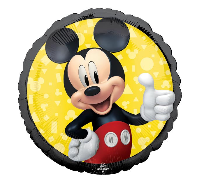 17" Mickey Mouse Forever themed foil balloon, fully inflated with helium, ribbon, and a weight for fast pickup in Sandy Springs near Atlanta.