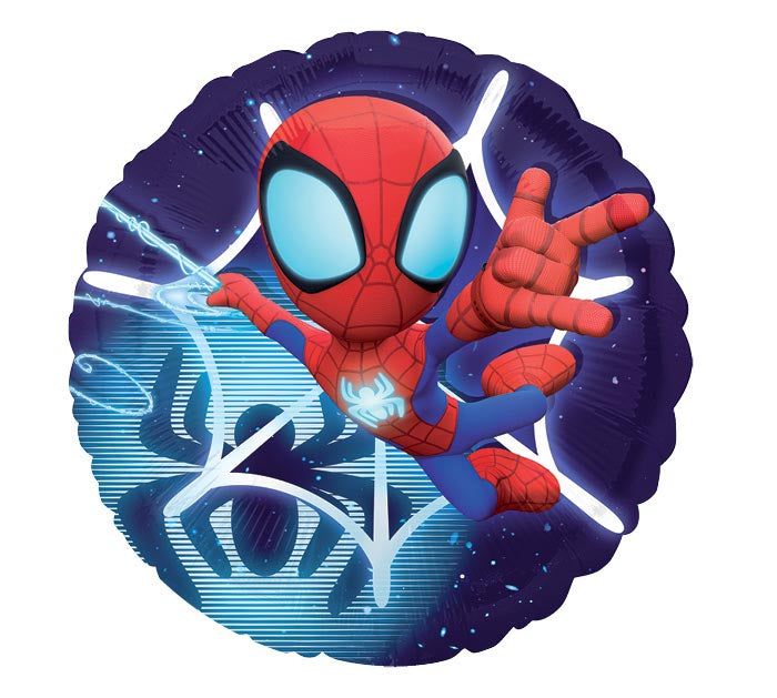 17" Spidey & His Amazing Friends themed foil balloon, fully inflated with helium, ribbon, and a weight for fast pickup in Sandy Springs near Atlanta.