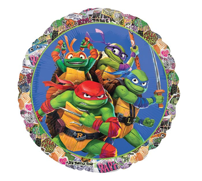 17" Teenage Mutant Ninja Turtles (TMNT) themed foil balloon, fully inflated with helium, ribbon, and a weight for fast pickup in Sandy Springs near Atlanta.