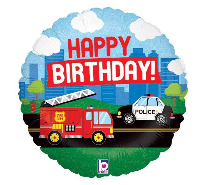 18" Emergency Vehicle Happy themed foil balloon, fully inflated with helium, ribbon, and a weight for fast pickup in Sandy Springs near Atlanta.