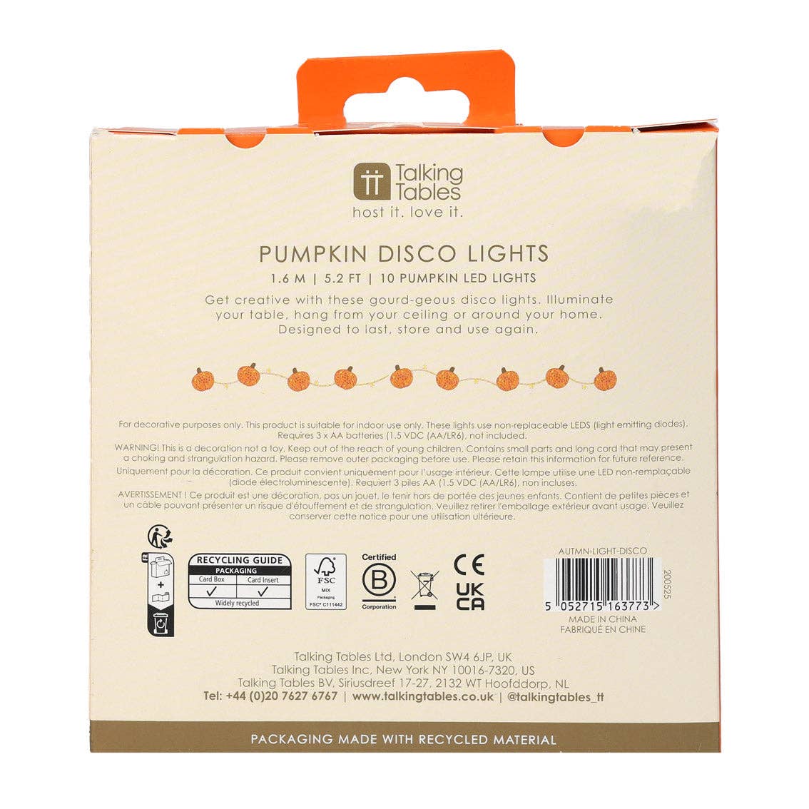 Back of the pumpkin disco lights box showing the 1.6 m length and 10 LED details