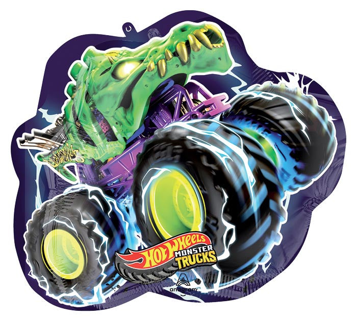 23" Hot Wheels Monster Truck themed foil balloon, fully inflated with helium, ribbon, and a weight for fast pickup in Sandy Springs near Atlanta.
