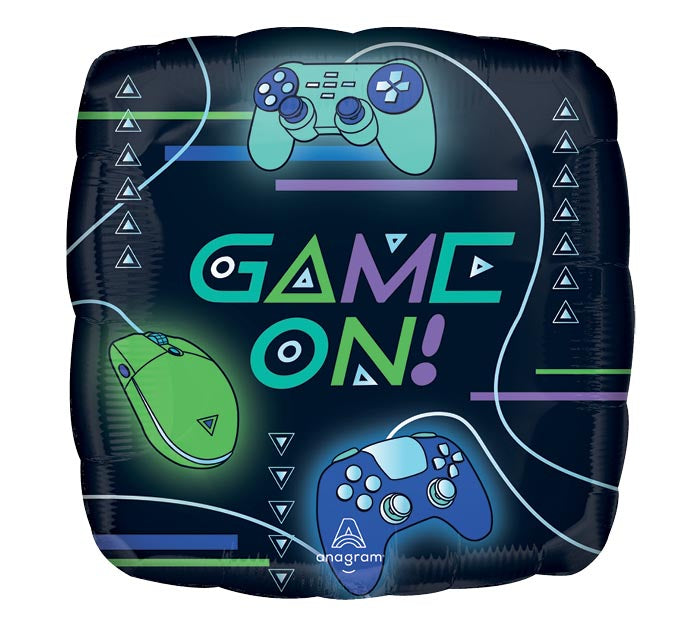 28" Game On themed foil balloon, fully inflated with helium, ribbon, and a weight for fast pickup in Sandy Springs near Atlanta.