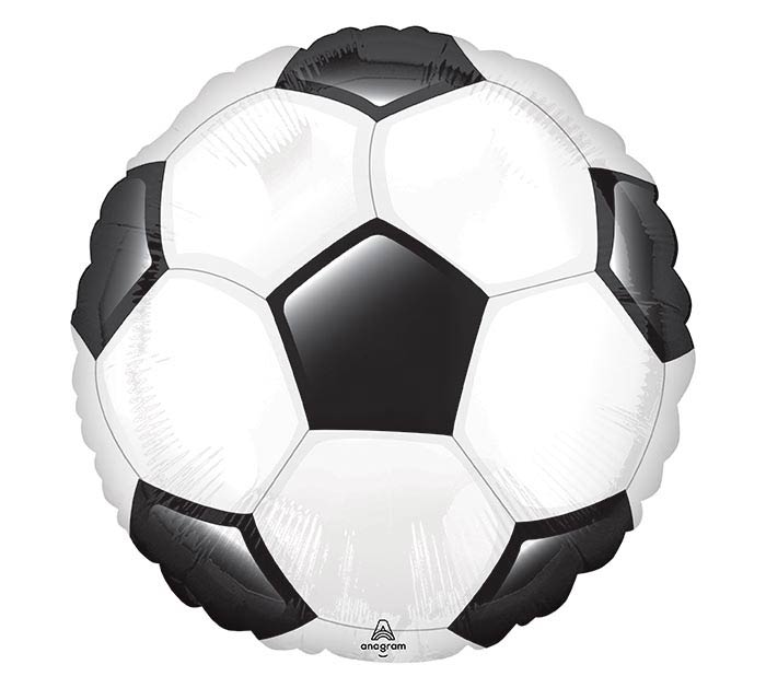 28" Soccer themed foil balloon, fully inflated with helium, ribbon, and a weight for fast pickup in Sandy Springs near Atlanta.