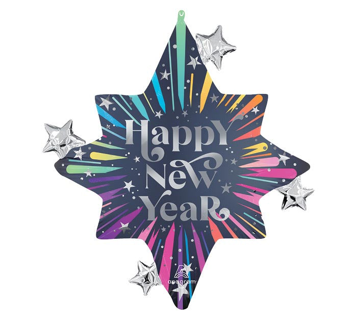 29-inch New Year stars blast foil balloon, fully inflated with helium, ribbon, and a weight for Sandy Springs pickup near Atlanta.