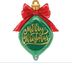 31-inch vintage ornament Christmas supershape foil balloon, fully inflated with helium, ribbon, and a weight for Sandy Springs pickup near Atlanta.