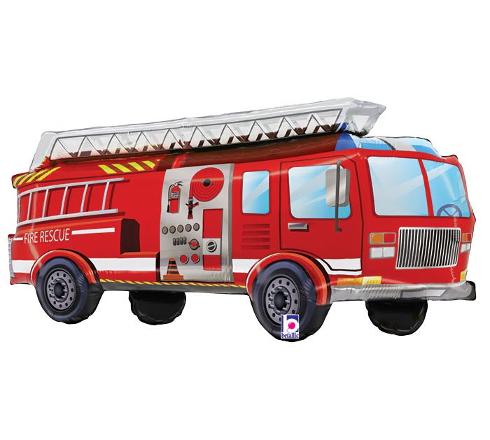 34" Red Fire Truck themed foil balloon, fully inflated with helium, ribbon, and a weight for fast pickup in Sandy Springs near Atlanta.
