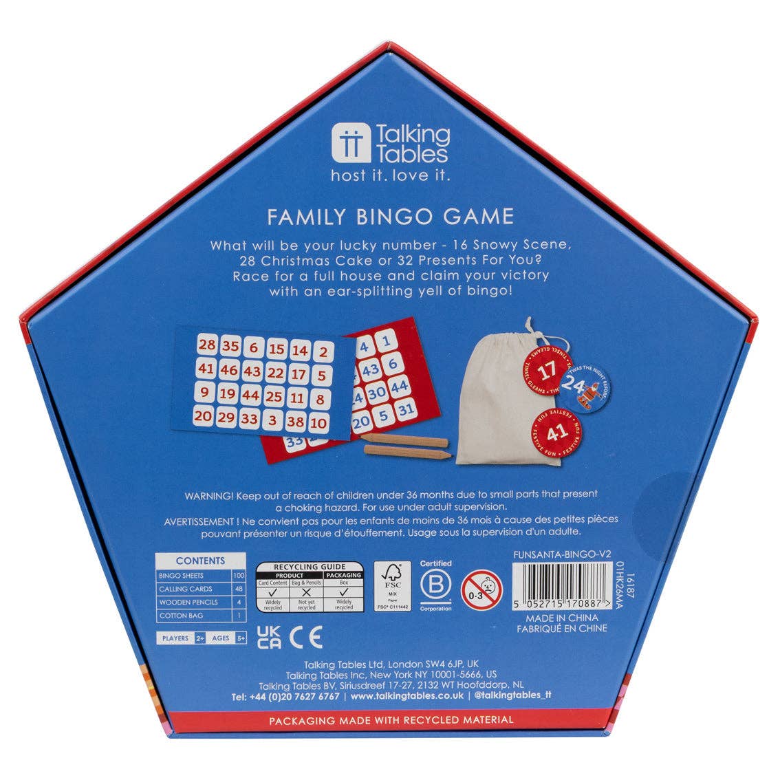 Back of the Family Bingo box showing the cards, pencils and bag