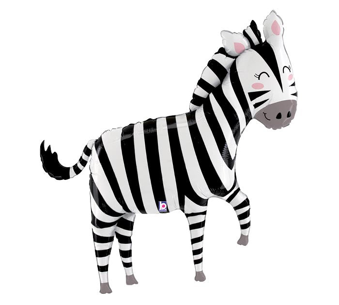43" Jungle Zebra themed foil balloon, fully inflated with helium, ribbon, and a weight for fast pickup in Sandy Springs near Atlanta.
