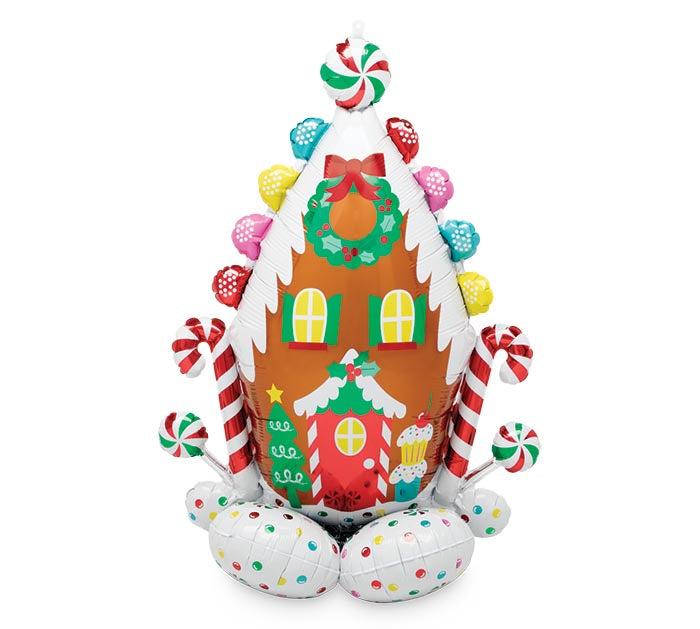 51-inch Gingerbread House Airloonz Christmas balloon, air-filled and free-standing, ready for Sandy Springs pickup near Atlanta.