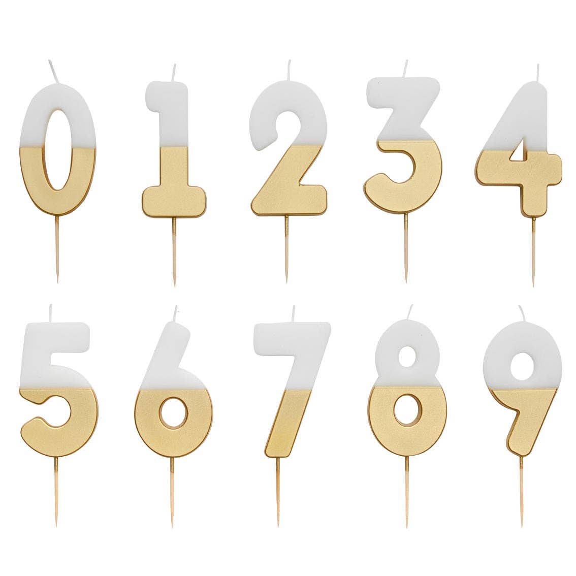 White and gold dipped number candles from 0 to 9 laid out in two rows