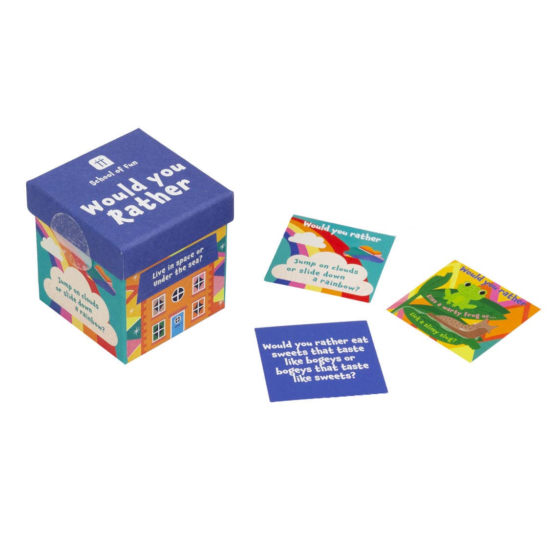 Blue Would You Rather trivia box beside a fan of question cards