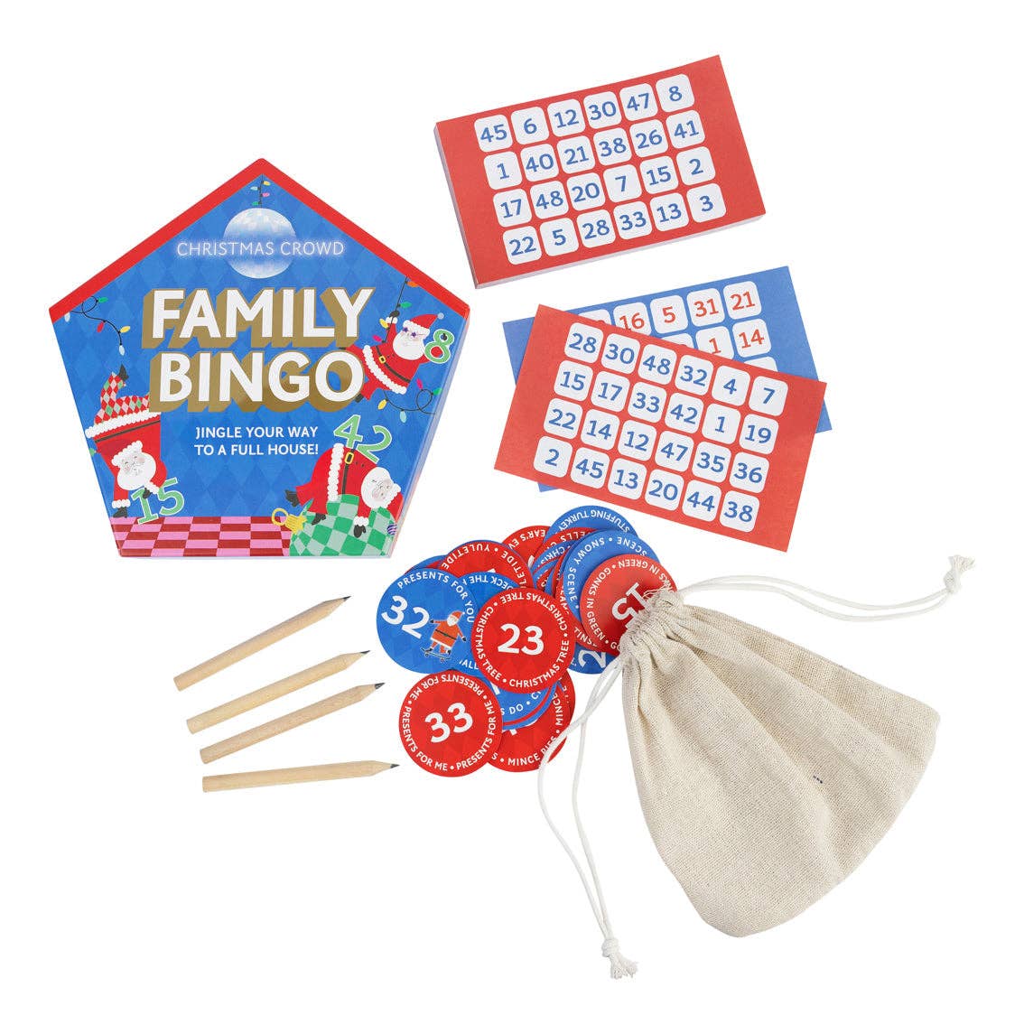 Bingo box with two bingo cards, numbered red and blue calling discs, pencils and a cotton bag