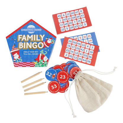 Bingo box with two bingo cards, numbered red and blue calling discs, pencils and a cotton bag