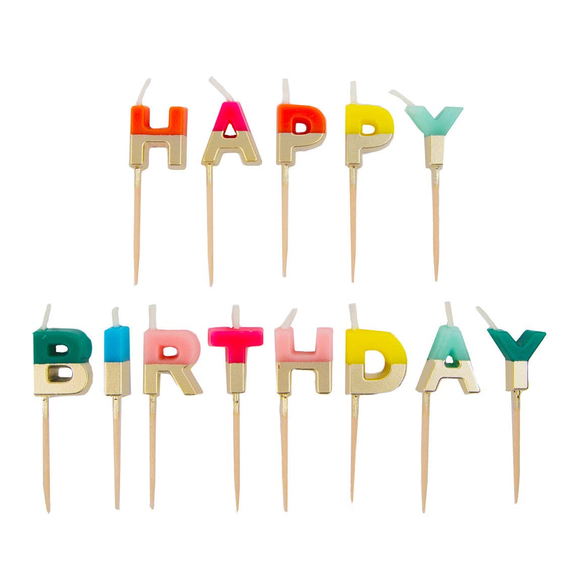Thirteen rainbow letter candles dipped in gold, spelling Happy Birthday on two rows