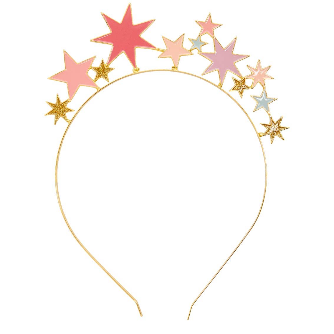 Gold headband with a cluster of pink, purple and gold glitter stars on one side