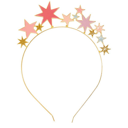 Gold headband with a cluster of pink, purple and gold glitter stars on one side