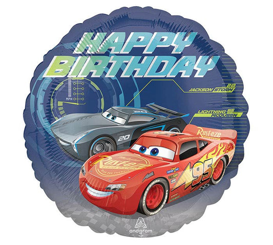 17" Cars themed foil balloon, fully inflated with helium, ribbon, and a weight for fast pickup in Sandy Springs near Atlanta.