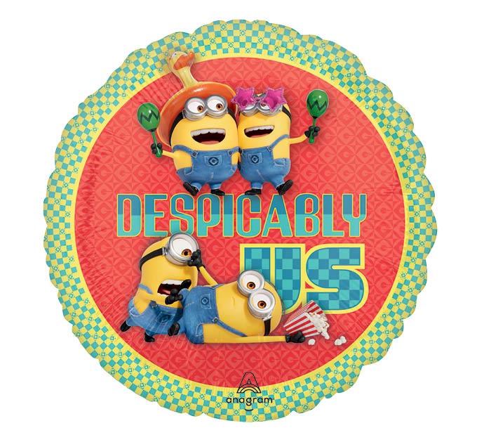 17" Despicable Me 4 Minions Ballon themed foil balloon, fully inflated with helium, ribbon, and a weight for fast pickup in Sandy Springs near Atlanta.