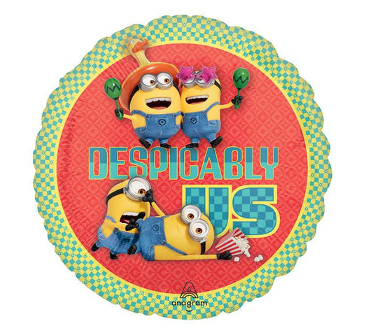 17" Despicable Me 4 Minions Ballon themed foil balloon, fully inflated with helium, ribbon, and a weight for fast pickup in Sandy Springs near Atlanta.