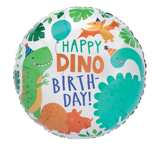 17" Dino-mite Party themed foil balloon, fully inflated with helium, ribbon, and a weight for fast pickup in Sandy Springs near Atlanta.