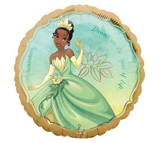 17" Disney Princess Tiana themed foil balloon, fully inflated with helium, ribbon, and a weight for fast pickup in Sandy Springs near Atlanta.