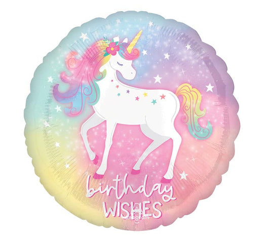 17" Unicorn themed foil balloon, fully inflated with helium, ribbon, and a weight for fast pickup in Sandy Springs near Atlanta.