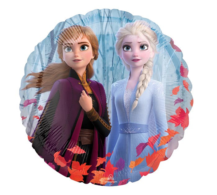 17" Frozen 2 Anna & Elsa Double-Sided themed foil balloon, fully inflated with helium, ribbon, and a weight for fast pickup in Sandy Springs near Atlanta.