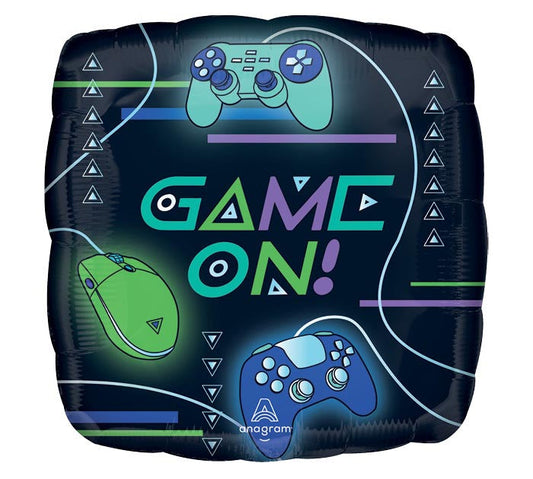 17" Game On Gaming themed foil balloon, fully inflated with helium, ribbon, and a weight for fast pickup in Sandy Springs near Atlanta.