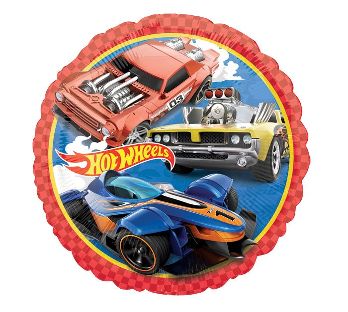 17" Hot Wheels themed foil balloon, fully inflated with helium, ribbon, and a weight for fast pickup in Sandy Springs near Atlanta.