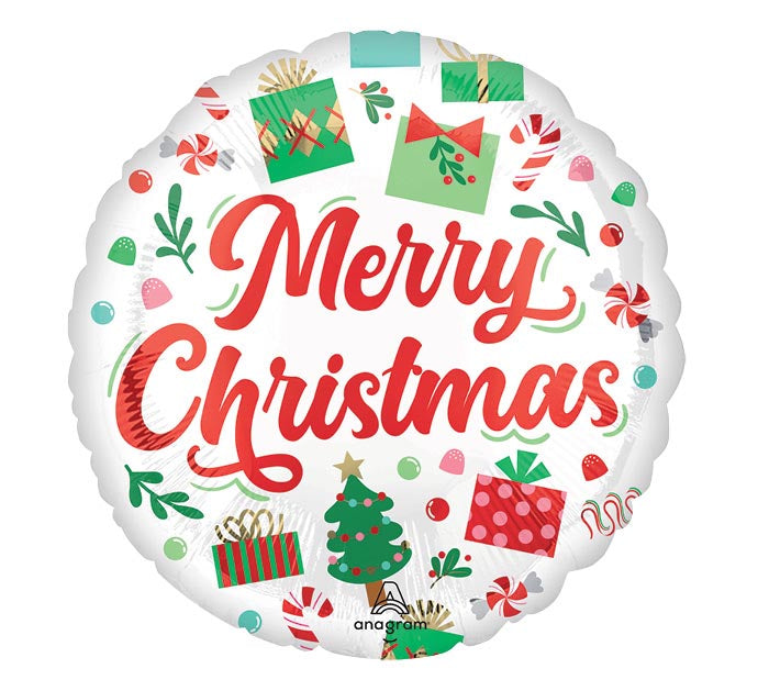 17-inch Merry Christmas Santa’s Presents foil balloon, fully inflated with helium, ribbon, and a weight for Sandy Springs pickup near Atlanta.