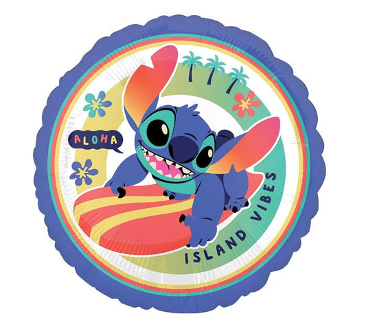 17" Lilo & Stitch Island Vibes themed foil balloon, fully inflated with helium, ribbon, and a weight for fast pickup in Sandy Springs near Atlanta.