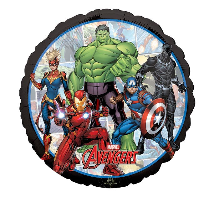 17" Marvel Avengers themed foil balloon, fully inflated with helium, ribbon, and a weight for fast pickup in Sandy Springs near Atlanta.