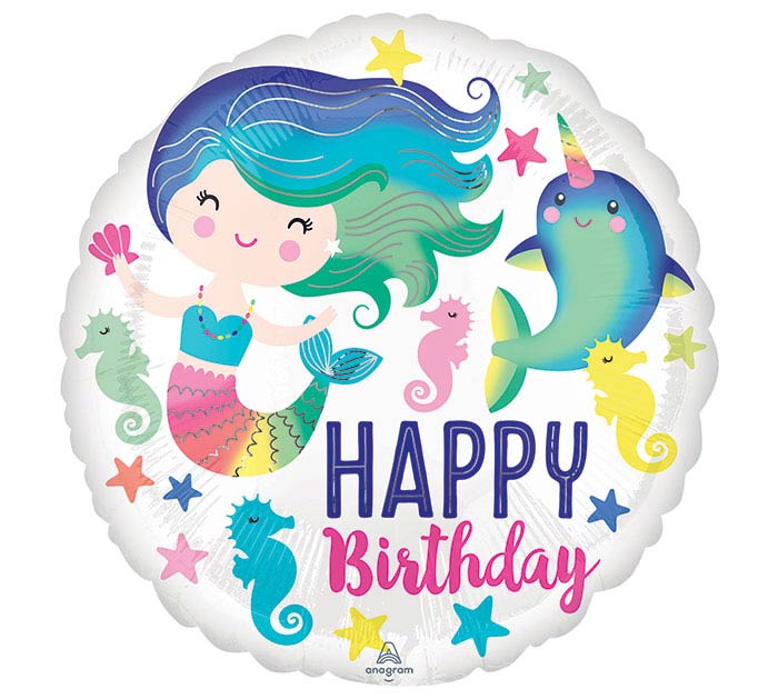 17" Mermaid themed foil balloon, fully inflated with helium, ribbon, and a weight for fast pickup in Sandy Springs near Atlanta.