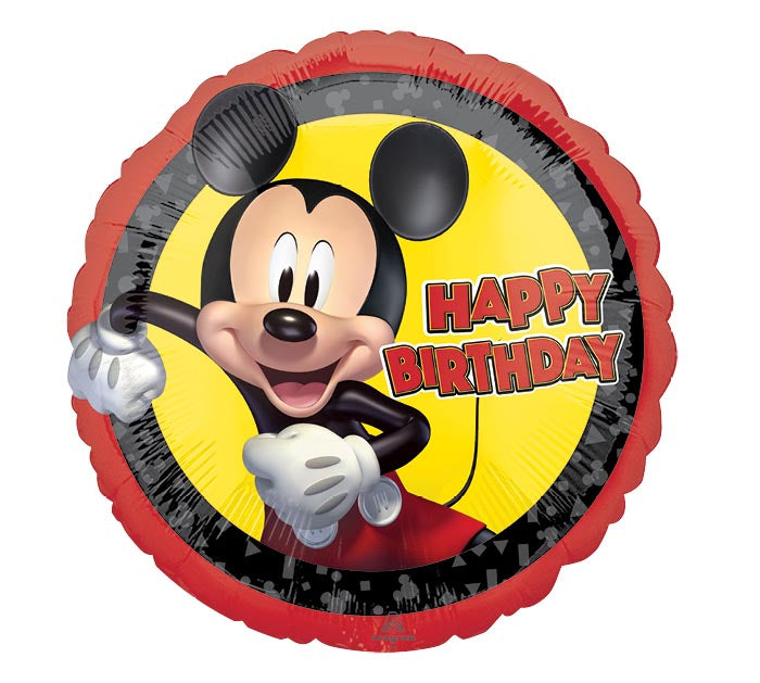 17" Mickey Mouse Happy themed foil balloon, fully inflated with helium, ribbon, and a weight for fast pickup in Sandy Springs near Atlanta.