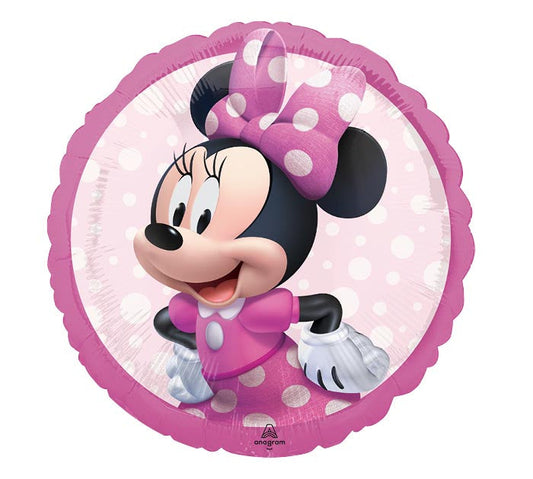 17" Minnie Mouse Forever themed foil balloon, fully inflated with helium, ribbon, and a weight for fast pickup in Sandy Springs near Atlanta.