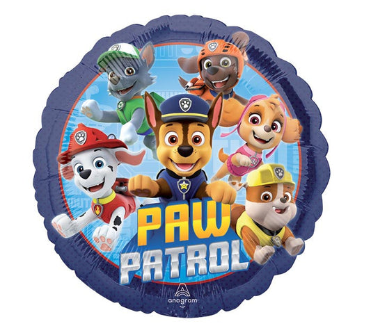 17" Paw Patrol themed foil balloon, fully inflated with helium, ribbon, and a weight for fast pickup in Sandy Springs near Atlanta.