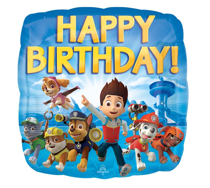 17" Paw Patrol Happy themed foil balloon, fully inflated with helium, ribbon, and a weight for fast pickup in Sandy Springs near Atlanta.