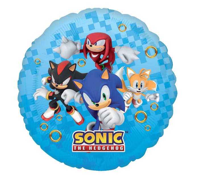17" Sonic the Hedgehog themed foil balloon, fully inflated with helium, ribbon, and a weight for fast pickup in Sandy Springs near Atlanta.