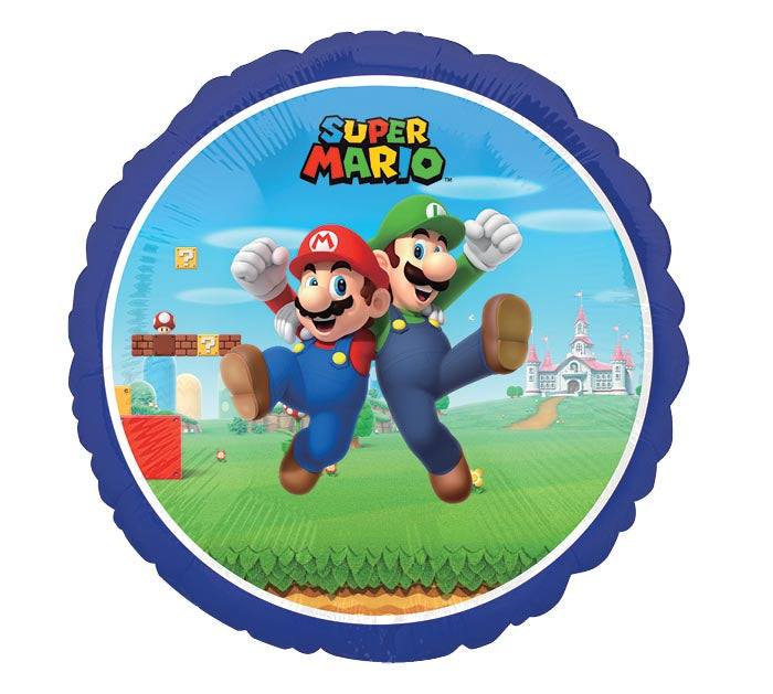 17" Super Mario Bros themed foil balloon, fully inflated with helium, ribbon, and a weight for fast pickup in Sandy Springs near Atlanta.