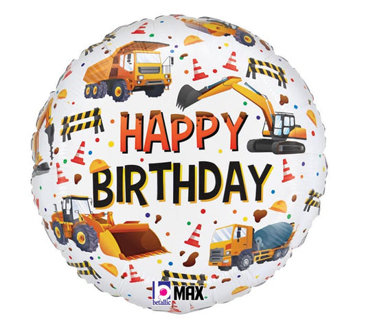 18" Construction themed foil balloon, fully inflated with helium, ribbon, and a weight for fast pickup in Sandy Springs near Atlanta.