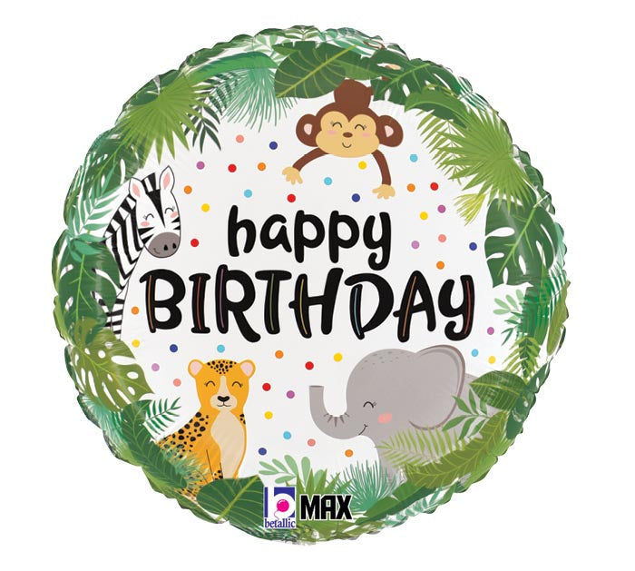 18" Jungle themed foil balloon, fully inflated with helium, ribbon, and a weight for fast pickup in Sandy Springs near Atlanta.