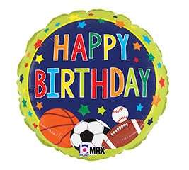 18" Sports themed foil balloon, fully inflated with helium, ribbon, and a weight for fast pickup in Sandy Springs near Atlanta.