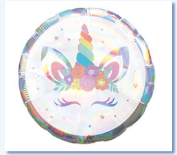 18" Unicorn themed foil balloon, fully inflated with helium, ribbon, and a weight for fast pickup in Sandy Springs near Atlanta.